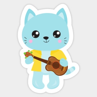 Hawaii Cat, Cute Cat, Blue Cat, Guitar, Luau Sticker